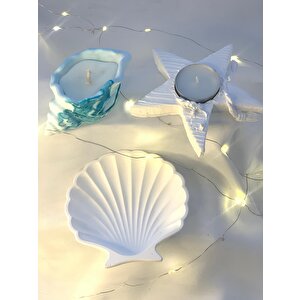 Dekoratif Mavi Mermer Desen Deniz Kabuğusoya Mum İstiridye Organizer Yıldız Desen Tealight Set