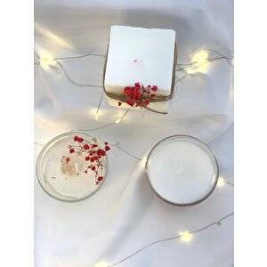 Dekoratif İkili Cam Kase Jel Soya Mum  Kırmızı Çiçekli Küp Soya Mum Set