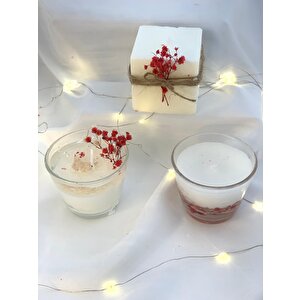 Dekoratif İkili Cam Kase Jel Soya Mum  Kırmızı Çiçekli Küp Soya Mum Set