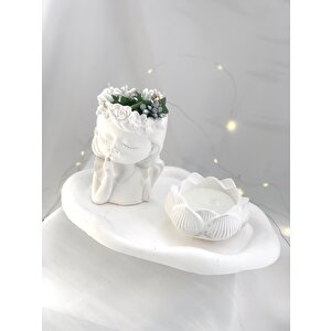Dekoratif Beton Organizer Tabak Çiçekçi Kız Saksı Lotus Soya Mum Set