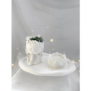 Dekoratif Beton Organizer Tabak Çiçekçi Kız Saksı Lotus Soya Mum Set