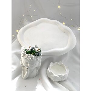 Dekoratif Beton Organizer Tabak Çiçekçi Kız Saksı Lotus Soya Mum Set