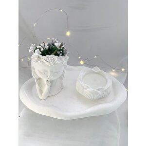 Dekoratif Beton Organizer Tabak Çiçekçi Kız Saksı Lotus Soya Mum Set