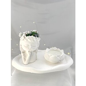 Dekoratif Beton Organizer Tabak Çiçekçi Kız Saksı Lotus Soya Mum Set
