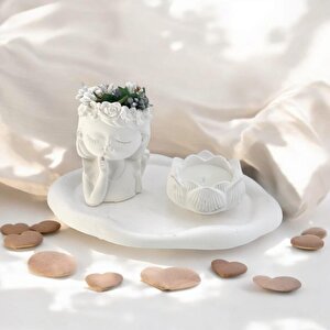 Dekoratif Beton Organizer Tabak Çiçekçi Kız Saksı Lotus Soya Mum Set