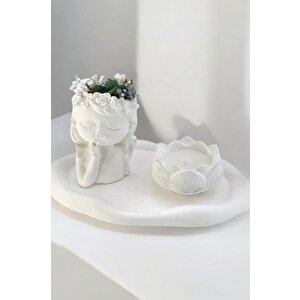 Dekoratif Beton Organizer Tabak Çiçekçi Kız Saksı Lotus Soya Mum Set