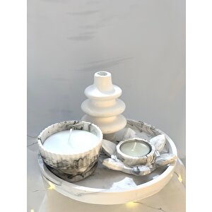 Dekoratif Mermer Desen Yuvarlak Organizer Tabak Nilüfer Tealight Vazo Beton Kase Soya Mum Set