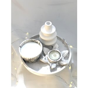 Dekoratif Mermer Desen Yuvarlak Organizer Tabak Nilüfer Tealight Vazo Beton Kase Soya Mum Set