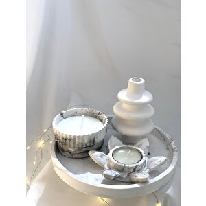 Dekoratif Mermer Desen Yuvarlak Organizer Tabak Nilüfer Tealight Vazo Beton Kase Soya Mum Set