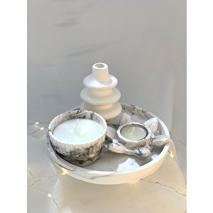 Dekoratif Mermer Desen Yuvarlak Organizer Tabak Nilüfer Tealight Vazo Beton Kase Soya Mum Set