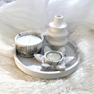 Dekoratif Mermer Desen Yuvarlak Organizer Tabak Nilüfer Tealight Vazo Beton Kase Soya Mum Set