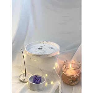 Dekoratif Mermer Desen Yuvarlak Organizer Tabak Dekoratif Kase Soya Mum  Tütsülük Set