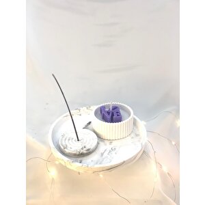 Dekoratif Mermer Desen Yuvarlak Organizer Tabak Dekoratif Kase Soya Mum  Tütsülük Set