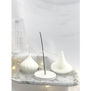 Dekoratif Mermer Desen Büyük Organizer Tabak İkili Soyut Soya Mum Tütsülük Set