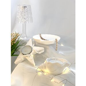 Dekoratif Üçlü İstiridye Organizer Tabak Deniz Kabuğu Soya Mum Yıldız Desen Tealight Set