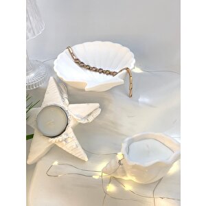 Dekoratif Üçlü İstiridye Organizer Tabak Deniz Kabuğu Soya Mum Yıldız Desen Tealight Set