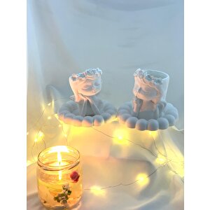 Dekoratif Boncuk Organizer Tabak İkili Çiçekci Kız Kardeşler Saksı Soya Mum Set