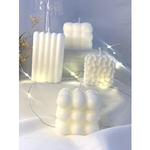 Dekoratif Dörtlü Petek Orta Boy Bubble  Sütun Puf Kare Soya Mum Set