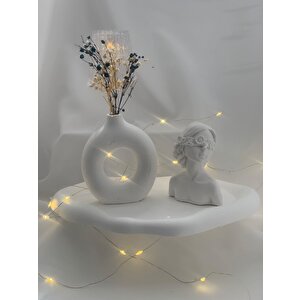 Dekoratif Beton Çiçekli Kız Biblo   Vazo Set