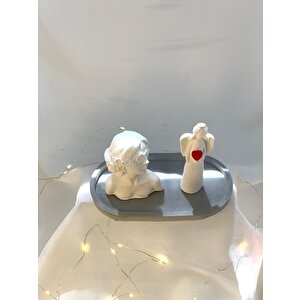 Dekoratif Oval Gri Organizer Tabak Çiçekli Kız Obje Kalp Tutan Melek Biblo Obje Set
