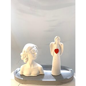 Dekoratif Oval Gri Organizer Tabak Çiçekli Kız Obje Kalp Tutan Melek Biblo Obje Set