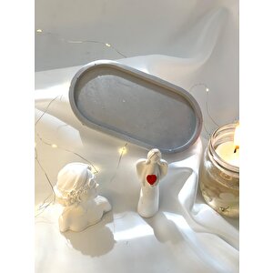 Dekoratif Oval Gri Organizer Tabak Çiçekli Kız Obje Kalp Tutan Melek Biblo Obje Set