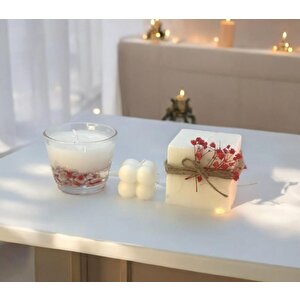 Dekoratif Cam Kase Jel Soya Mum Küçük Bubble Mum Kırmızı Çiçekli Küp Soya Mum Set