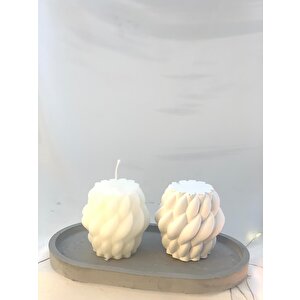 Dekoratif Oval Gri Organizer Tabak Örgü Desen Soya Mum Beton Obje Set