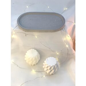 Dekoratif Oval Gri Organizer Tabak Örgü Desen Soya Mum Beton Obje Set