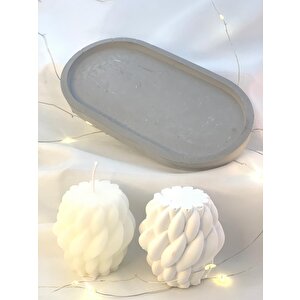 Dekoratif Oval Gri Organizer Tabak Örgü Desen Soya Mum Beton Obje Set