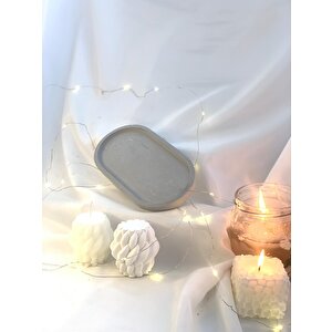 Dekoratif Oval Gri Organizer Tabak Örgü Desen Soya Mum Beton Obje Set