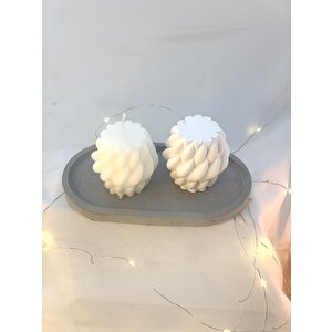 Dekoratif Oval Gri Organizer Tabak Örgü Desen Soya Mum Beton Obje Set