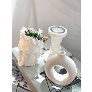 Dekoratif Çiçekçi Kız Saksı Vazo Beton Sütun Şamdan Set
