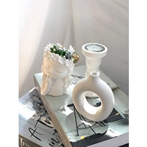 Dekoratif Çiçekçi Kız Saksı Vazo Beton Sütun Şamdan Set