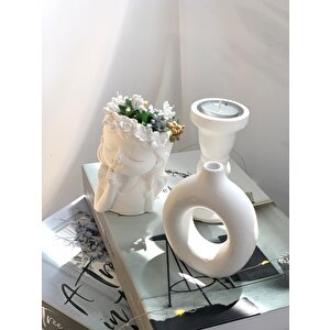 Dekoratif Çiçekçi Kız Saksı Vazo Beton Sütun Şamdan Set
