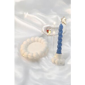 Dekoratif Organizer Takı Tabağı-boncuk Şamdan Mavi Burgu Soya Mum Set