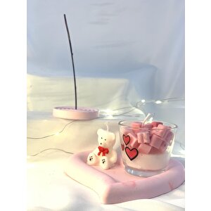 Dekoratif Cam Kase Kalpler Soya Mum Pembe Kalp Organizer Tabak Sevimli Ayıcık Mum Tütsülük Set