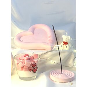 Dekoratif Cam Kase Kalpler Soya Mum Pembe Kalp Organizer Tabak Sevimli Ayıcık Mum Tütsülük Set