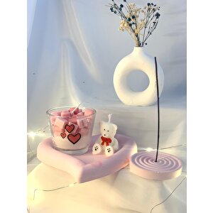 Dekoratif Cam Kase Kalpler Soya Mum Pembe Kalp Organizer Tabak Sevimli Ayıcık Mum Tütsülük Set