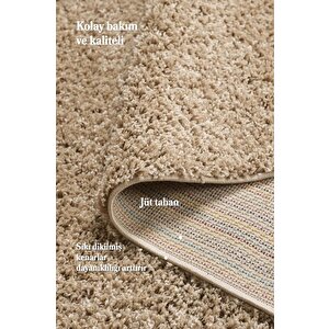 Yuvarlak Shaggy Halı 30 Mm Uzun Ve Yüksek Tüylü Düz Bej Renkli