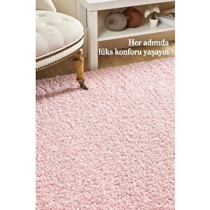 Yüksek Tüylü 30 Mm Hav Yüksekliğinde Düz Pembe Renkli Shaggy Halı 80x250 cm