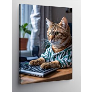 Kanvas Tablo Bilgisayar Kullanan Kedi