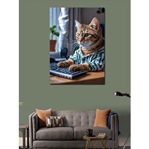 Kanvas Tablo Bilgisayar Kullanan Kedi