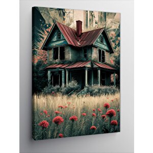Kanvas Tablo Kır Evi Ve Kırmızı Çiçekler 100x140 cm