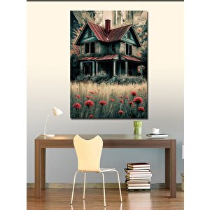 Kanvas Tablo Kır Evi Ve Kırmızı Çiçekler 100x140 cm