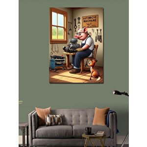 Kanvas Tablo Motor Tamircisi Domuz 70x100 cm