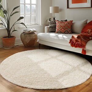 Yuvarlak Shaggy Halı 30 Mm Uzun Ve Yüksek Tüylü Düz Krem Rengi 80 cm