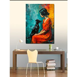Kanvas Tablo Kırmızı Elbiseli Kadın Ve Köpek 100x140 cm
