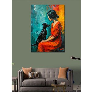 Kanvas Tablo Kırmızı Elbiseli Kadın Ve Köpek 100x140 cm