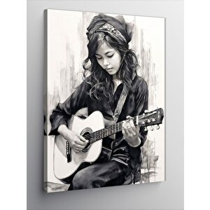 Kanvas Tablo Siyah Beyaz Gitar Çalan Kadın
